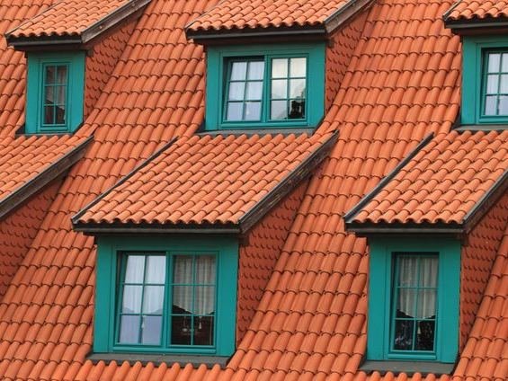 A tiled roof with dormer windows